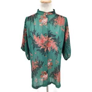 Vintage El Mar California green sheer floral button up top in size large